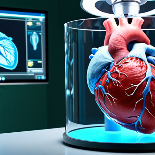 **A doctor examining a 3D holographic projection of a human heart in a modern, sterile operating room. The holographic heart is detailed and realistic, allowing for in-depth analysis. Medical equipment and a team of surgeons are subtly visible in the background. The scene is illuminated with cool, clinical lighting.** (Focuses on medical application).