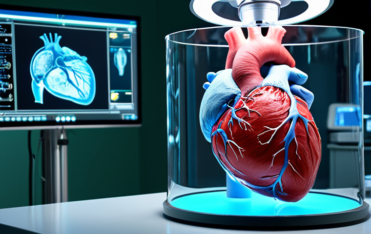 **A doctor examining a 3D holographic projection of a human heart in a modern, sterile operating room. The holographic heart is detailed and realistic, allowing for in-depth analysis. Medical equipment and a team of surgeons are subtly visible in the background. The scene is illuminated with cool, clinical lighting.** (Focuses on medical application).