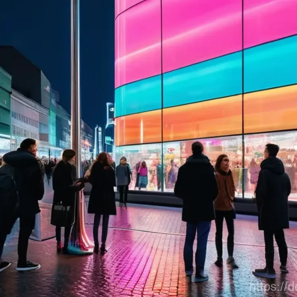 홀로그램 디스플레이의 마케팅 효과 분석 - **Prompt:** A bustling, vibrant shopping street in Berlin, Germany, at dusk. A diverse group of well...