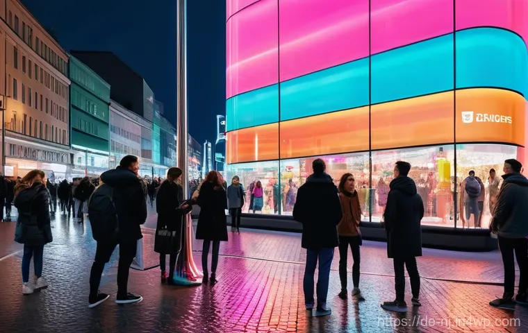 홀로그램 디스플레이의 마케팅 효과 분석 - **Prompt:** A bustling, vibrant shopping street in Berlin, Germany, at dusk. A diverse group of well...