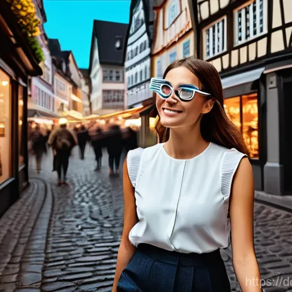 홀로그램 디스플레이의 경쟁 기술 분석 - **Augmented Reality in Cologne Old Town:** A young woman with sleek, modern AR smart glasses strolls...