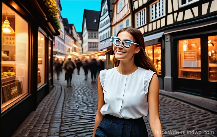 홀로그램 디스플레이의 경쟁 기술 분석 - **Augmented Reality in Cologne Old Town:** A young woman with sleek, modern AR smart glasses strolls...