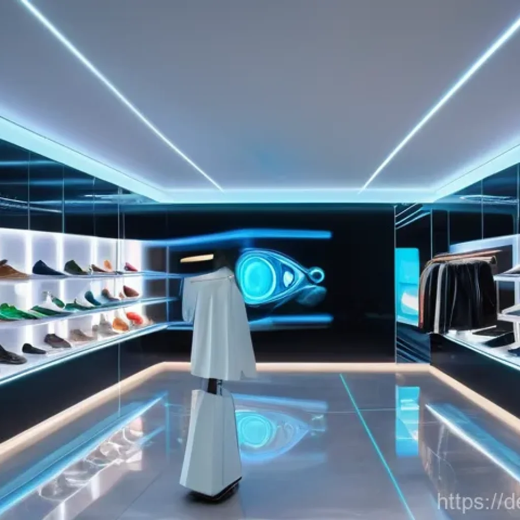 홀로그램 디스플레이의 응용 기술 개발 전략 - **Prompt 1: Futuristic Retail Experience**
A wide shot capturing the interior of a sleek, minima...
