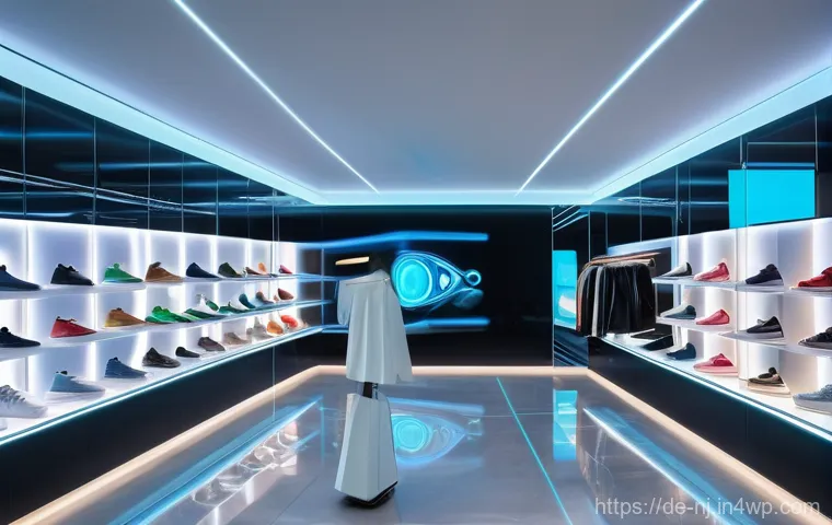 홀로그램 디스플레이의 응용 기술 개발 전략 - **Prompt 1: Futuristic Retail Experience**
    A wide shot capturing the interior of a sleek, minima...
