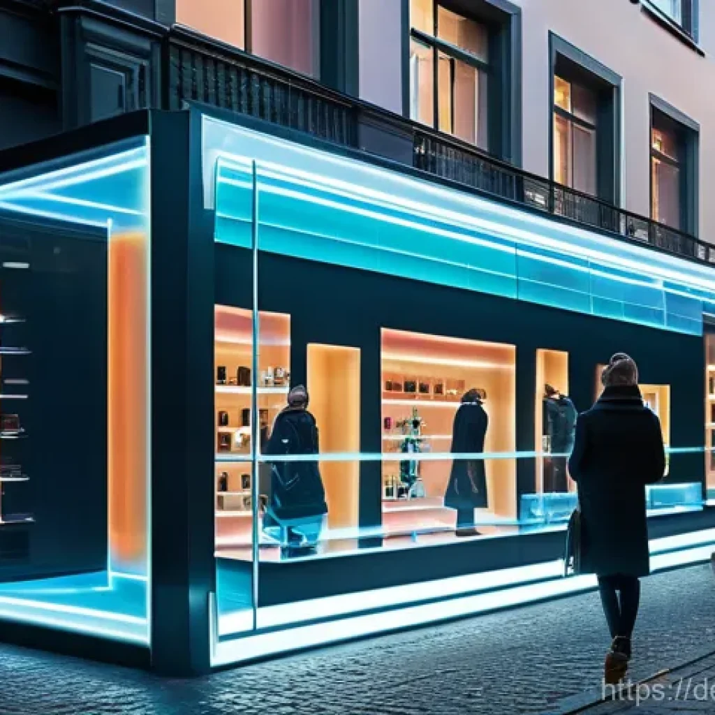 홀로그램 디스플레이의 보급 확대 전략 - **Holographic Retail Display on K&ouml;nigsallee**
    A vibrant, eye-level shot of a bustling upscale sh...