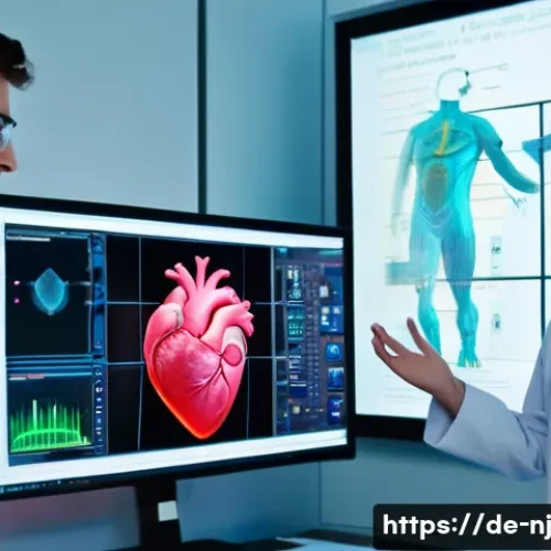 홀로그램 디스플레이와 정보 디자인 - A high-tech holographic display setup in a modern German research laboratory, showing a detailed, in...
