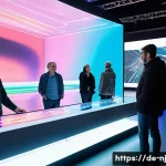 홀로그램 디스플레이의 소비자 반응 - A futuristic exhibition hall in Berlin showcasing holographic displays with vivid 3D product present...