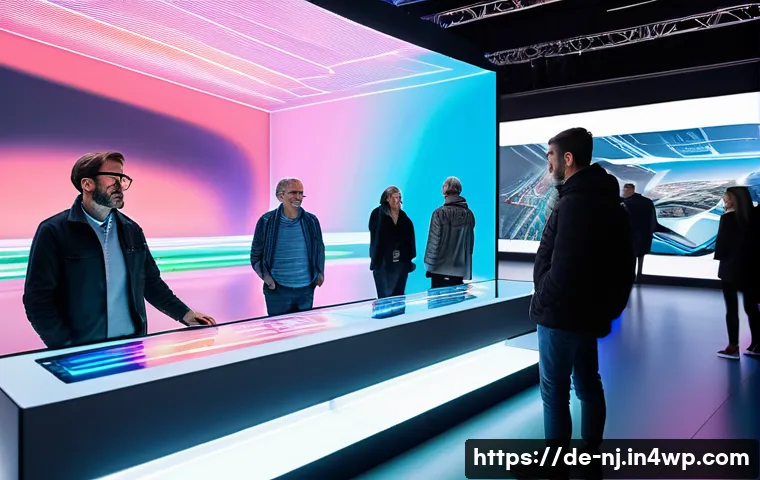 홀로그램 디스플레이의 소비자 반응 - A futuristic exhibition hall in Berlin showcasing holographic displays with vivid 3D product present...