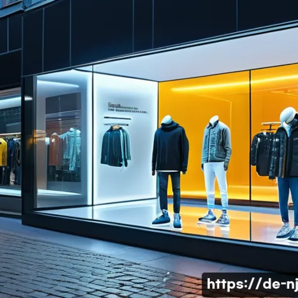 홀로그램 디스플레이의 비즈니스 기회 - A modern retail store window display in a bustling German city, featuring a sleek holographic film s...