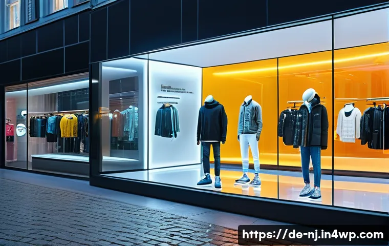 홀로그램 디스플레이의 비즈니스 기회 - A modern retail store window display in a bustling German city, featuring a sleek holographic film s...