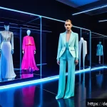 홀로그램 디스플레이와 광고의 혁신 - A futuristic luxury fashion boutique interior in Berlin featuring a holographic runway show, with 3D...