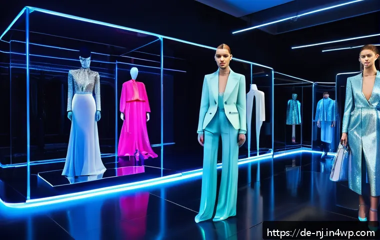홀로그램 디스플레이와 광고의 혁신 - A futuristic luxury fashion boutique interior in Berlin featuring a holographic runway show, with 3D...