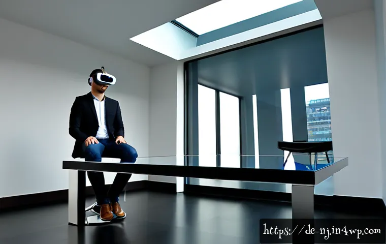 Home 17 홀로그램 디스플레이와 VR 기술의 차별성 - Photorealistic modern German technology showroom, clear side-by-side comparison: a floating transpar...
