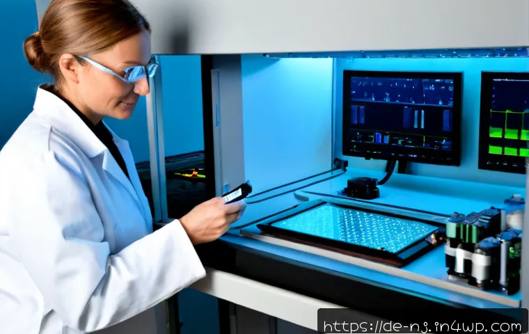 홀로그램 디스플레이의 엔지니어링 과정 - Photorealistic engineering laboratory in Germany, a focused middle-aged optical engineer wearing saf...