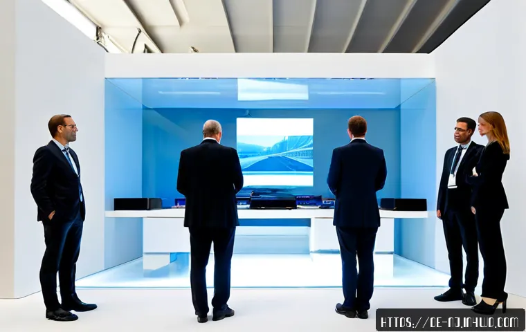 홀로그램 디스플레이의 글로벌 경쟁력 - Photorealistic European technology trade fair in Germany, a sleek transparent holographic display pr...