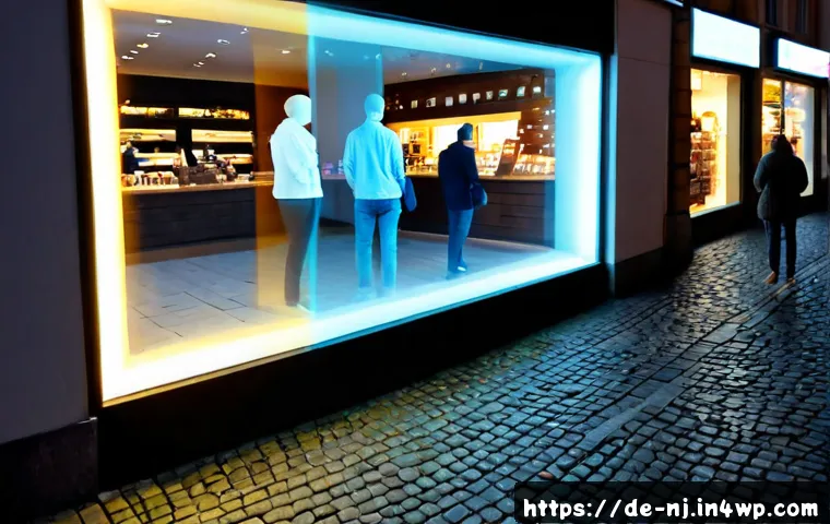 홀로그램 디스플레이의 효과적인 마케팅 전략 - Photorealistic modern retail storefront in a German pedestrian shopping district at dusk, a sleek tr...